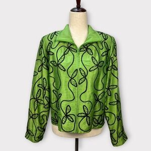 VINTAGE 90s Anage 100% Silk Women Jacket Blazer Embroider Green Christmas SMALL
